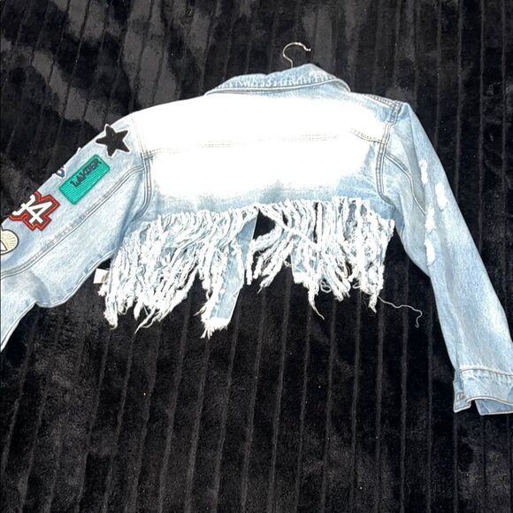Crop Blue Denim Fringe Jacket with Patches - Picture 3 of 6